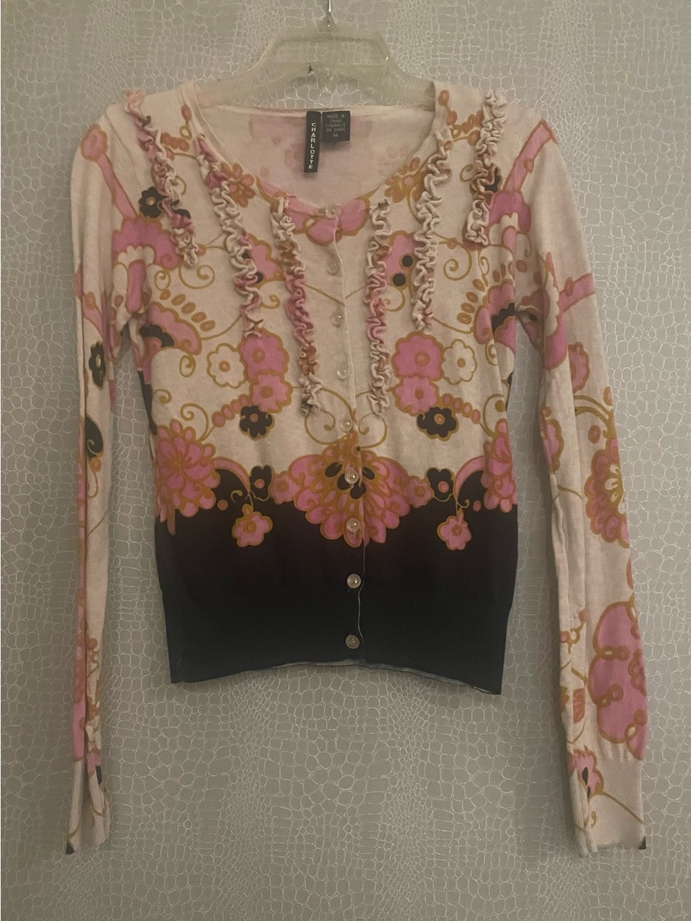 Charlotte Pink, Black & Gold Floral Ruffle-Trim Cardigan Sweater